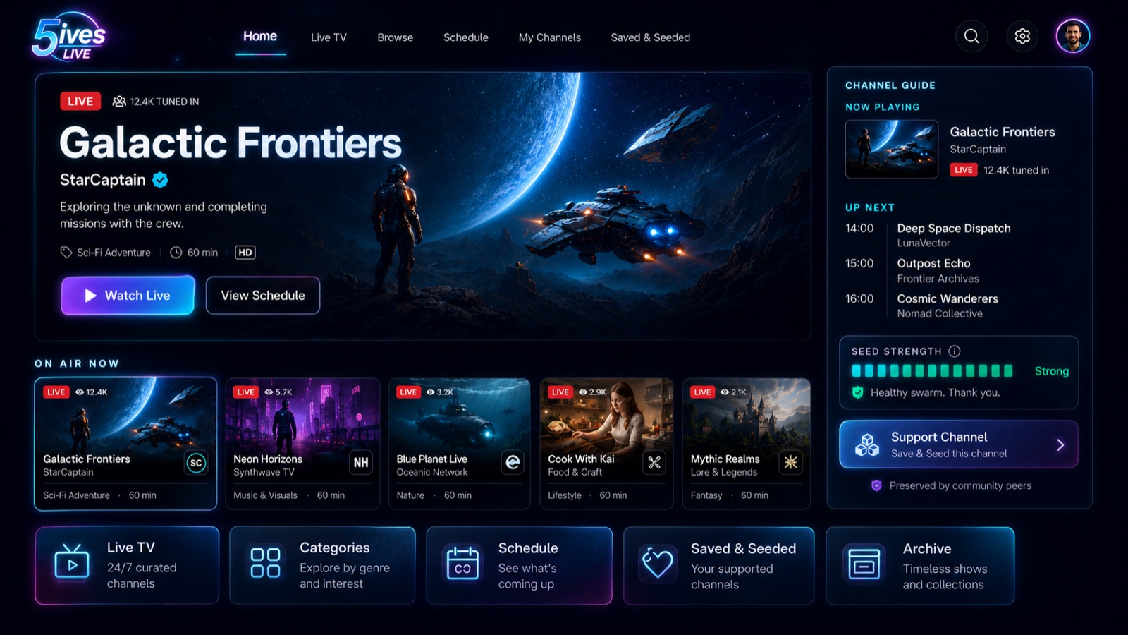 The 5ives LIVE app: a dark, cyan-lit TV interface with a featured program, channel guide, and on-air channel cards
